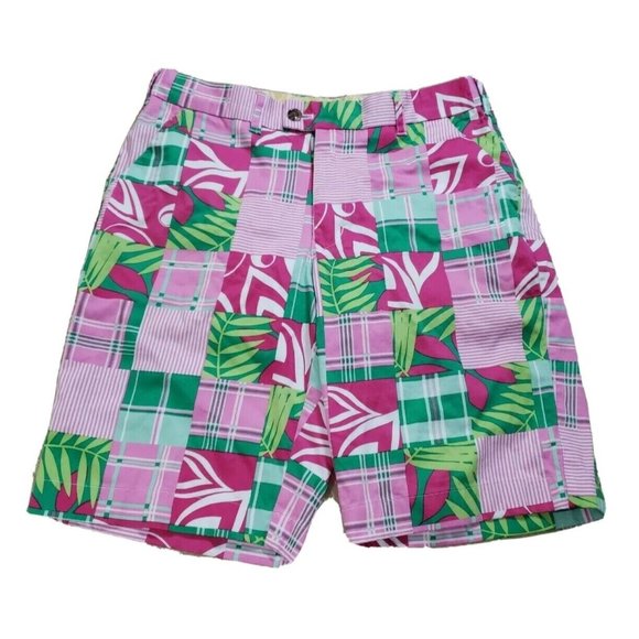 Loudmouth Men's 32 Golf Shorts Stretch Cotton Pink Green Patchwork Madras Art